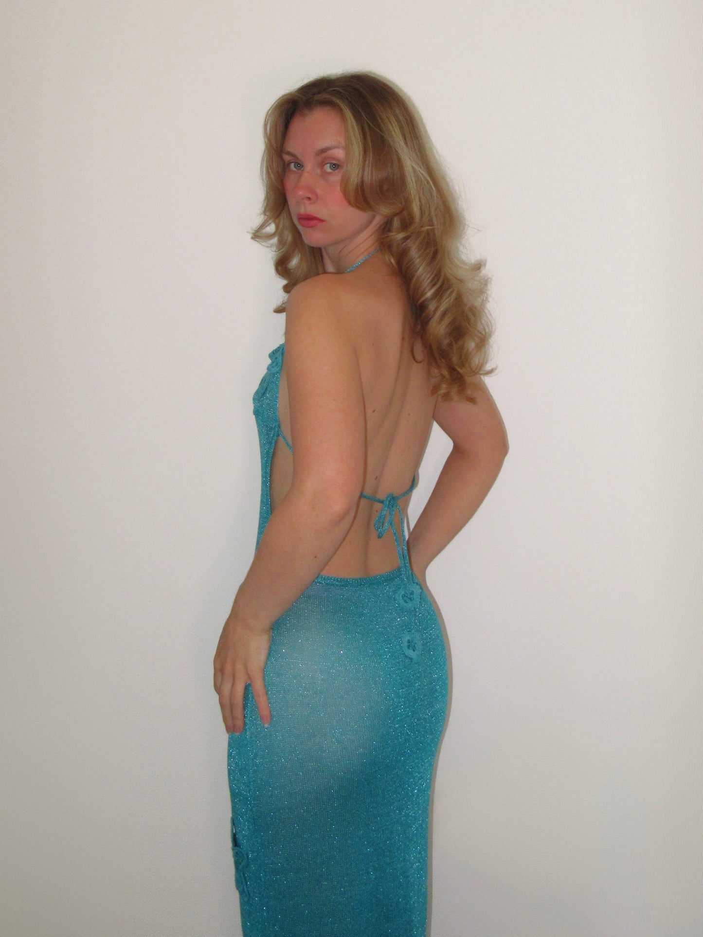Backless Turquoise Blue Glitter Knit Maxi Dress