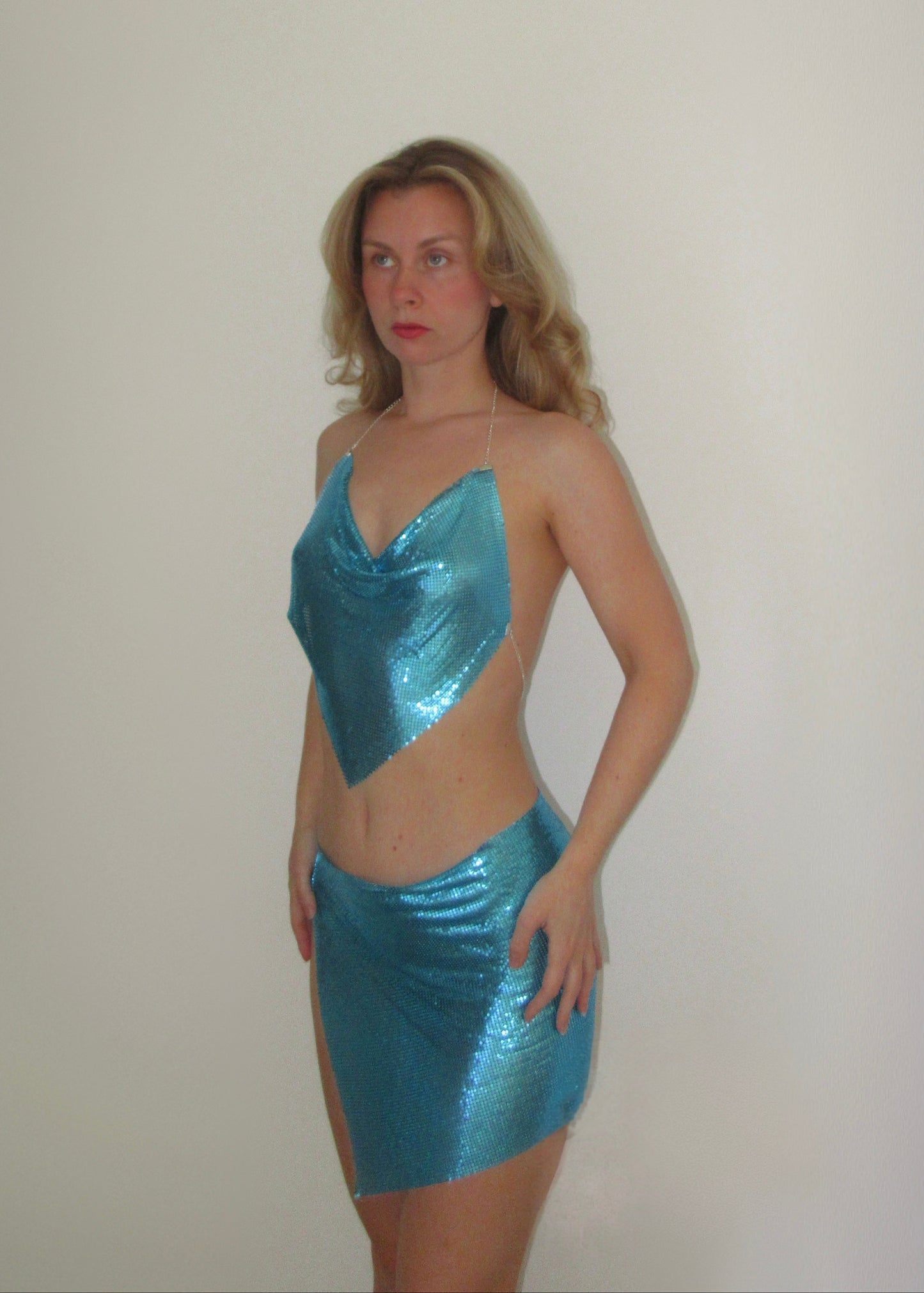 Turquoise Blue Chainmail Top & Skirt Set