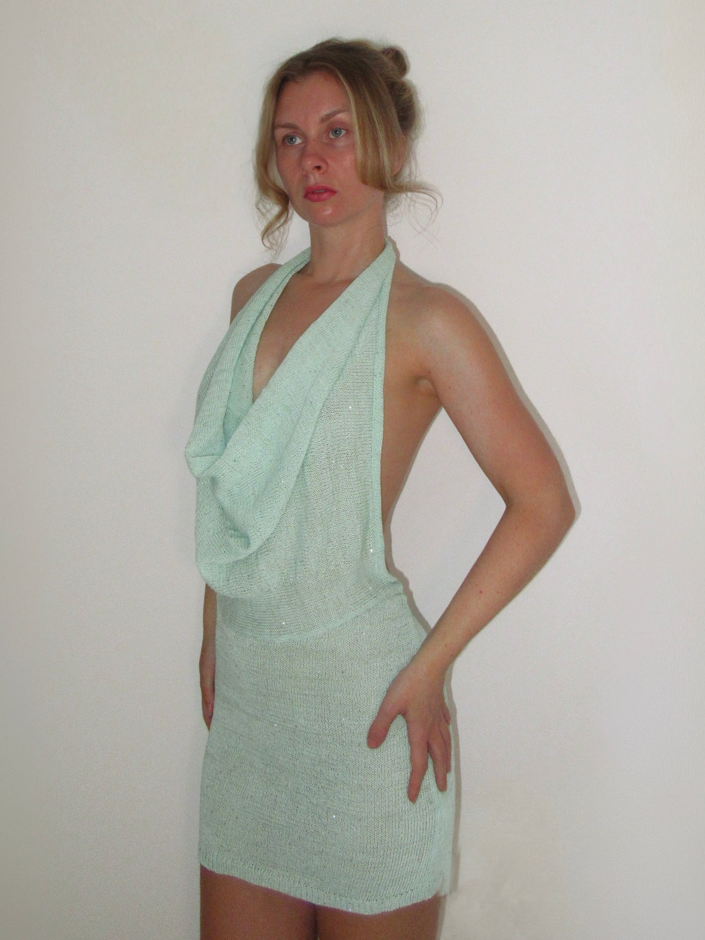 Aqua Green Sequin Knitted Mini Dress