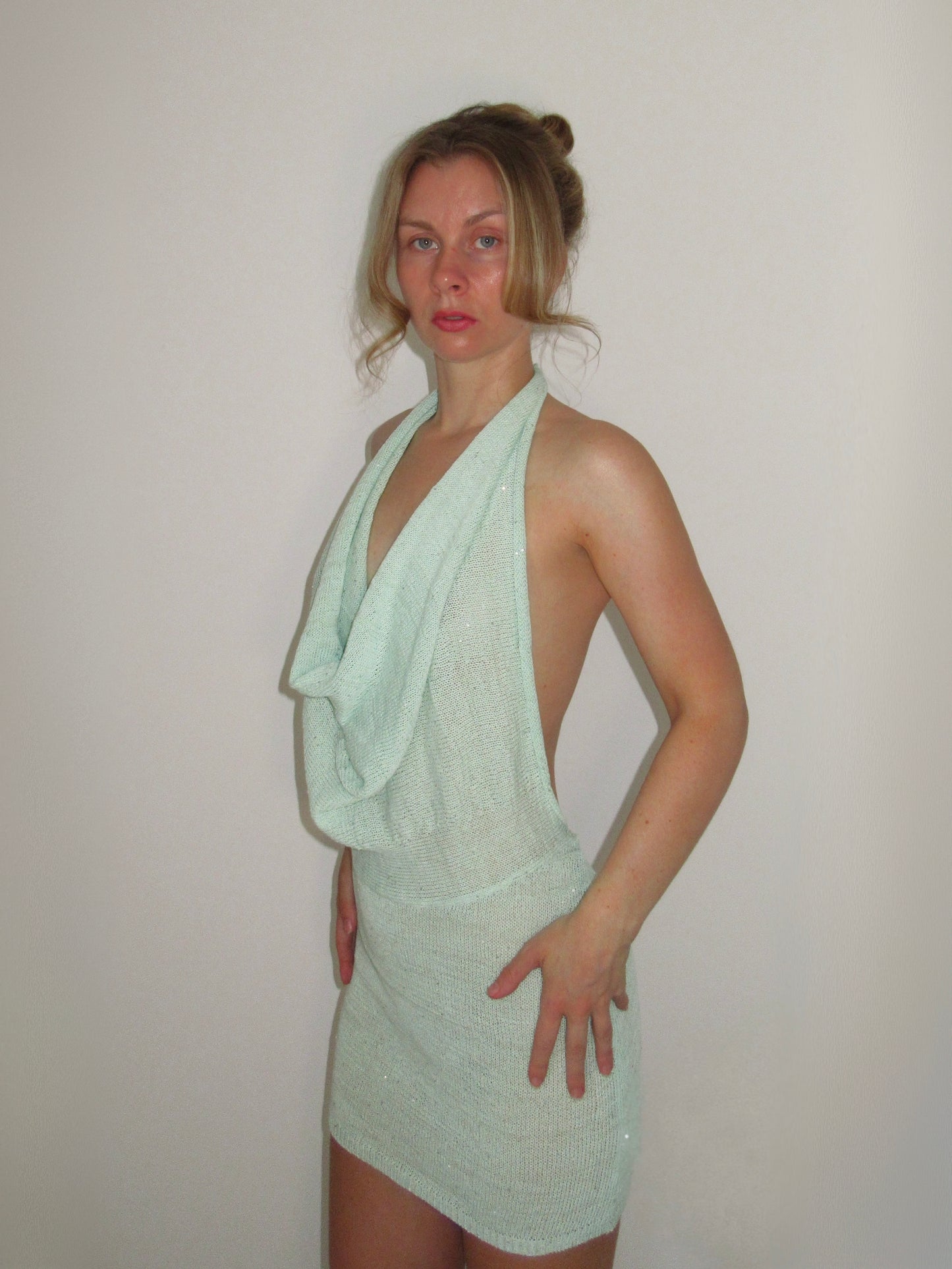 Aqua Green Sequin Knitted Mini Dress