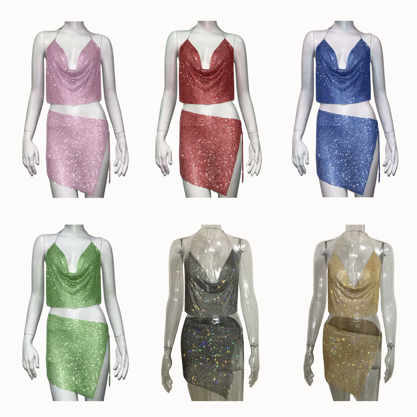 Rhinestone Diamanté Chainmail Top & Mini Skirt Set