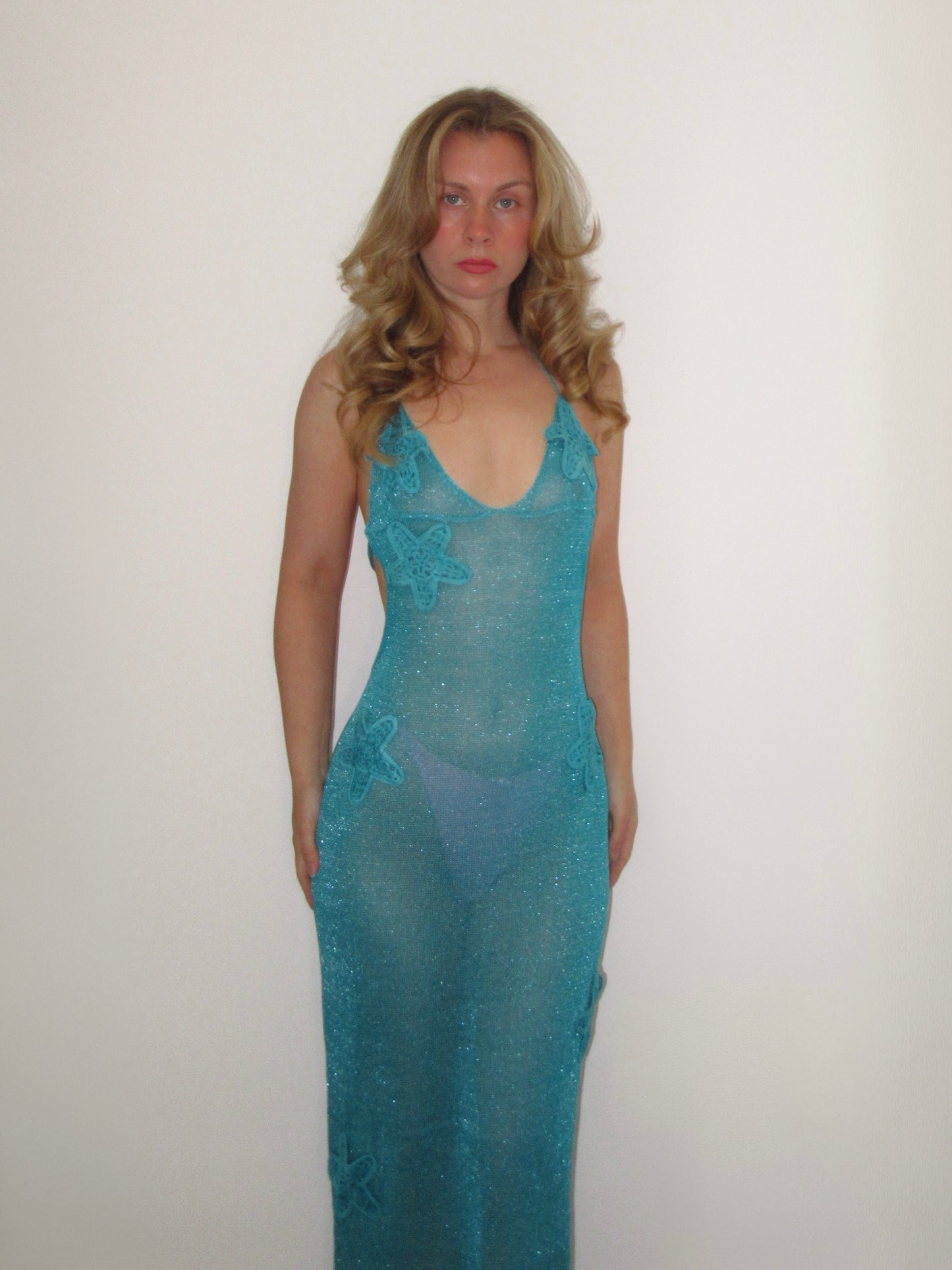 Backless Turquoise Blue Glitter Knit Maxi Dress