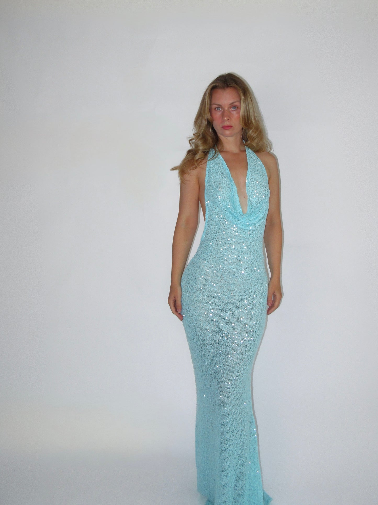 Blue Sequin Knit Maxi Dress