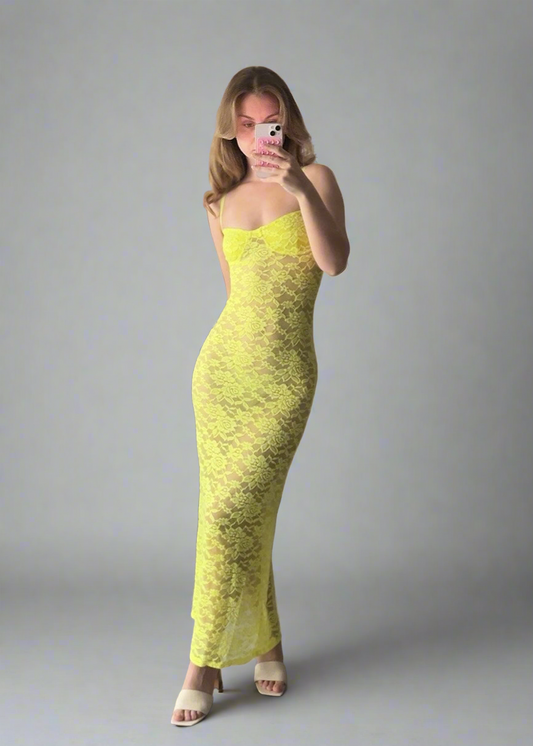 Yellow See Through Lace Maxi Dress