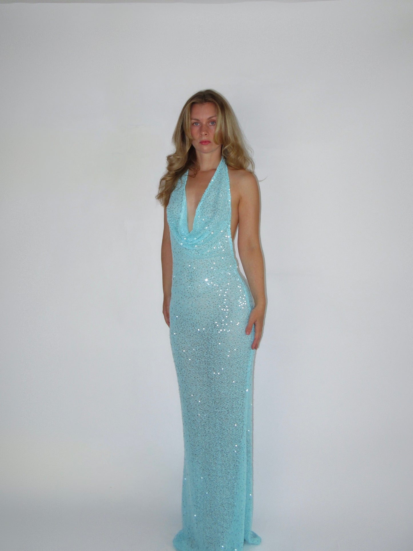 Blue Sequin Knit Maxi Dress
