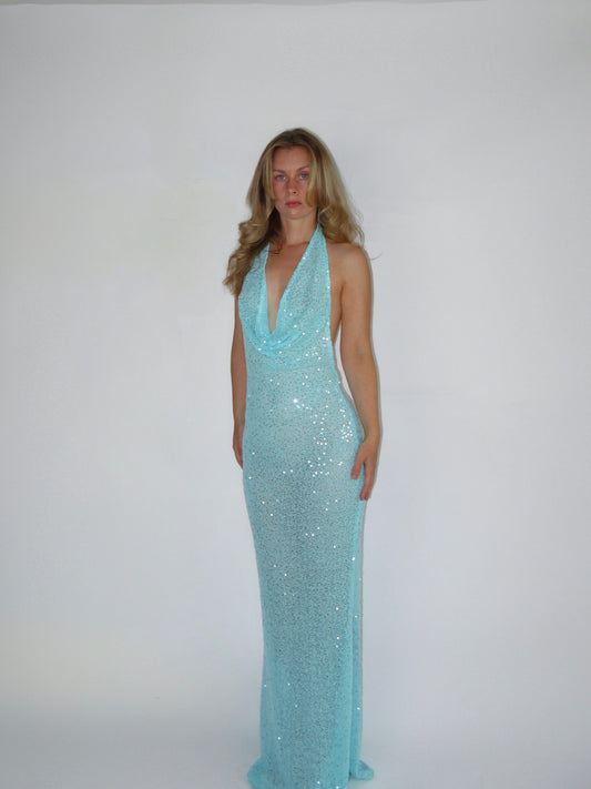 Blue Sequin Knit Maxi Dress