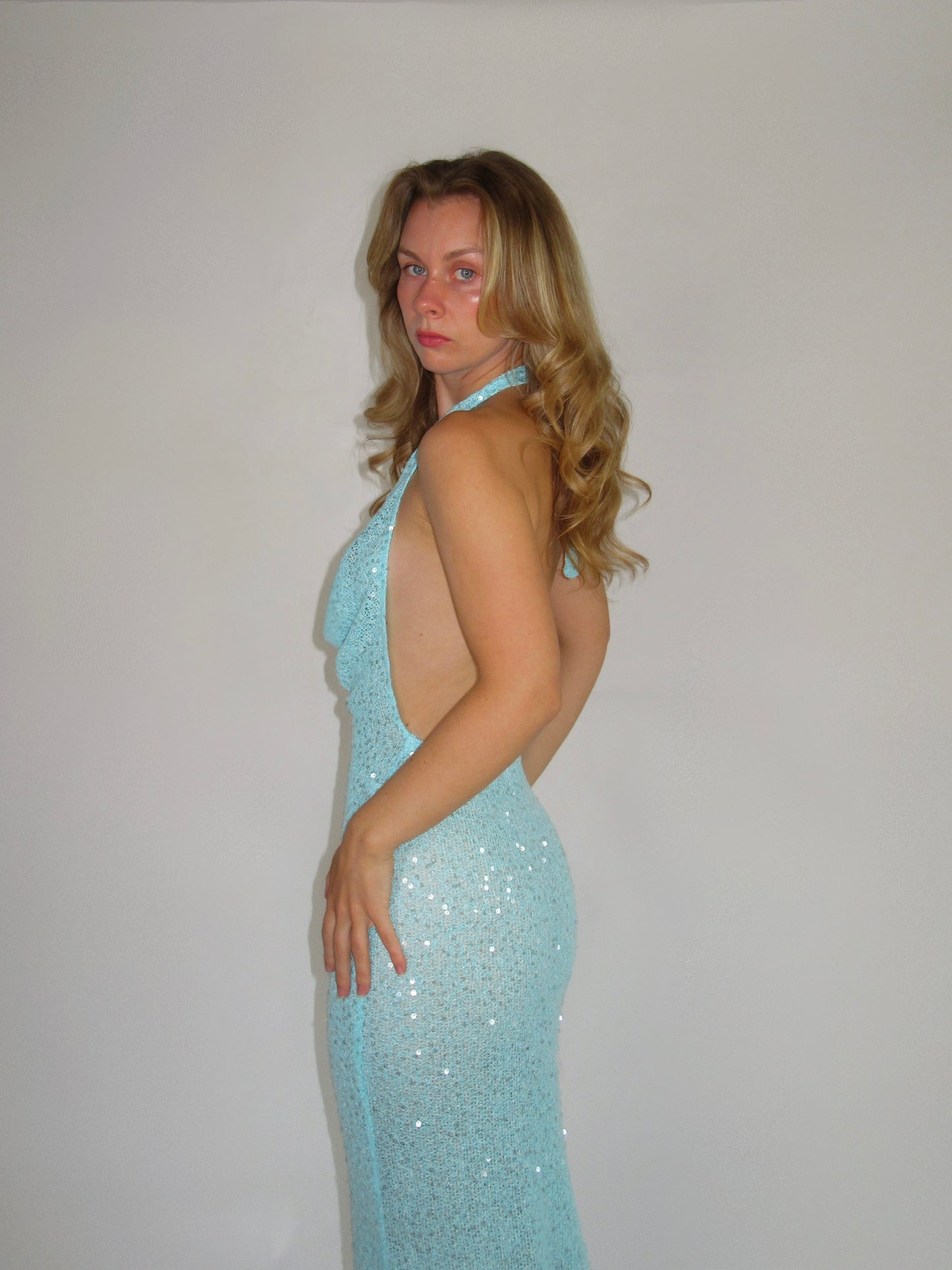 Blue Sequin Knit Maxi Dress