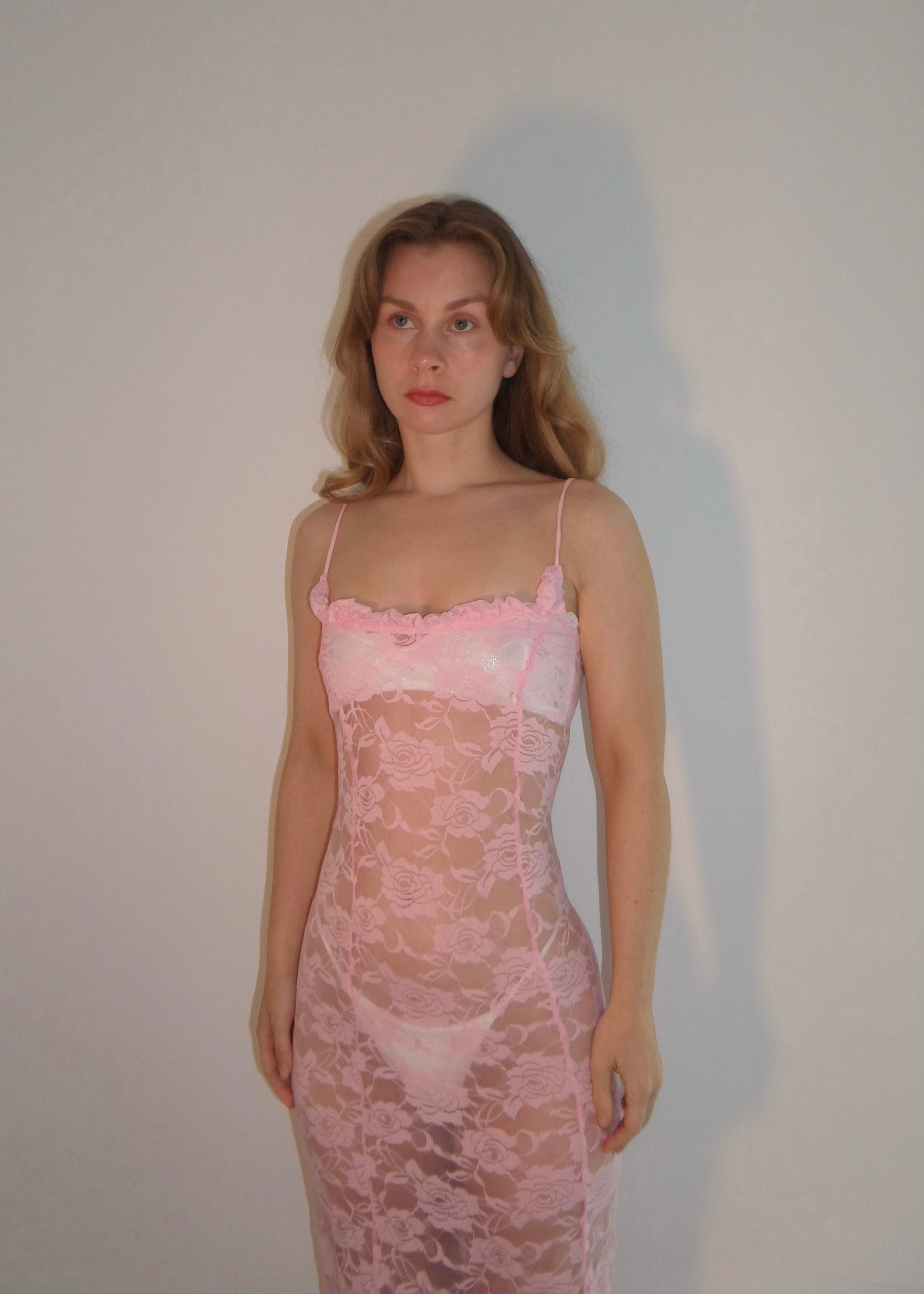 Pink sheer lace maxi dress 
