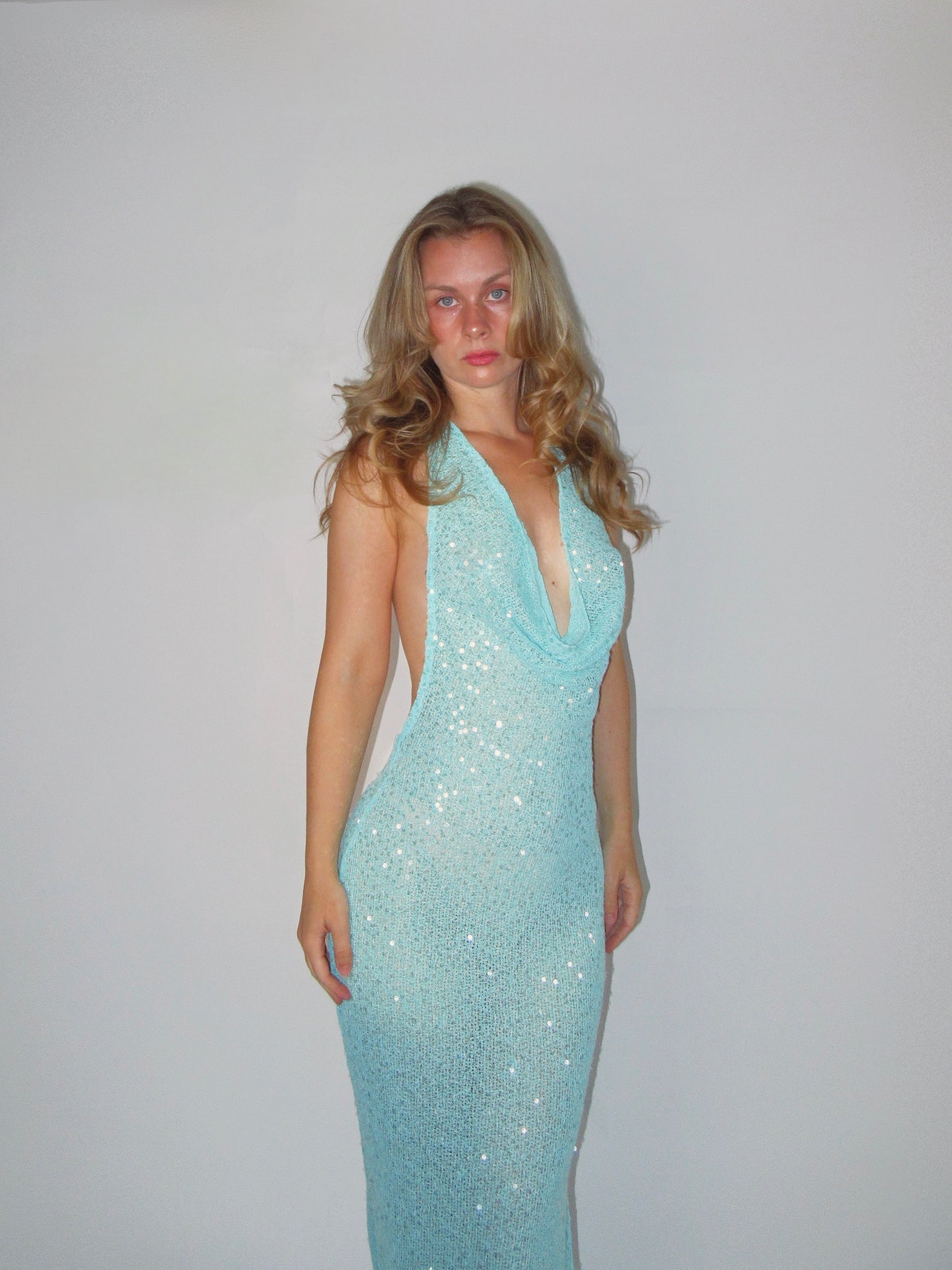 Blue Sequin Knit Maxi Dress