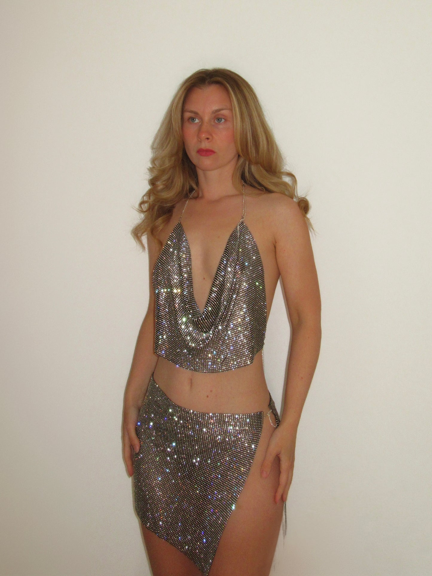 Rhinestone Diamanté Chainmail Top & Mini Skirt Set