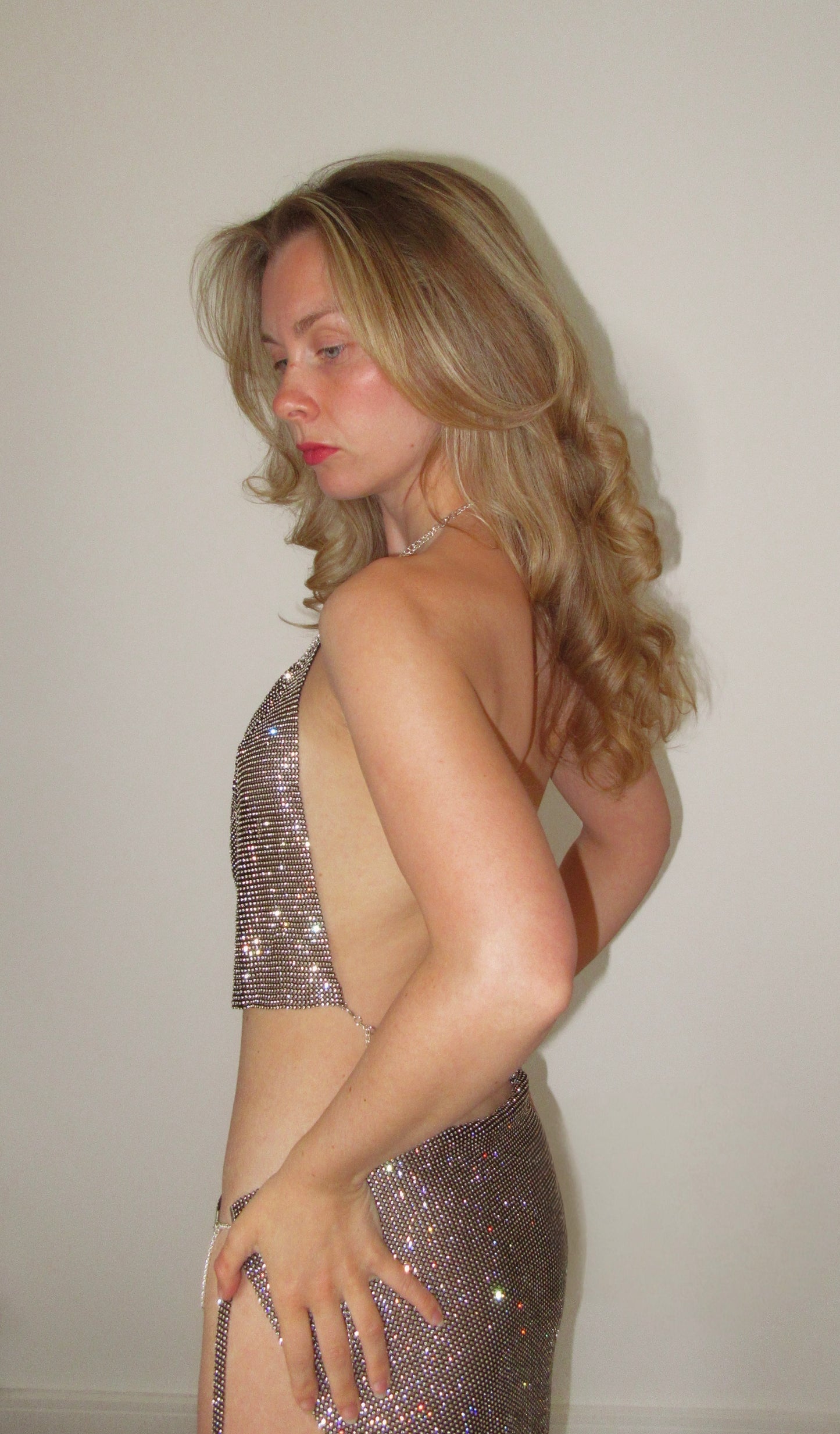 Rhinestone Diamanté Chainmail Top & Mini Skirt Set