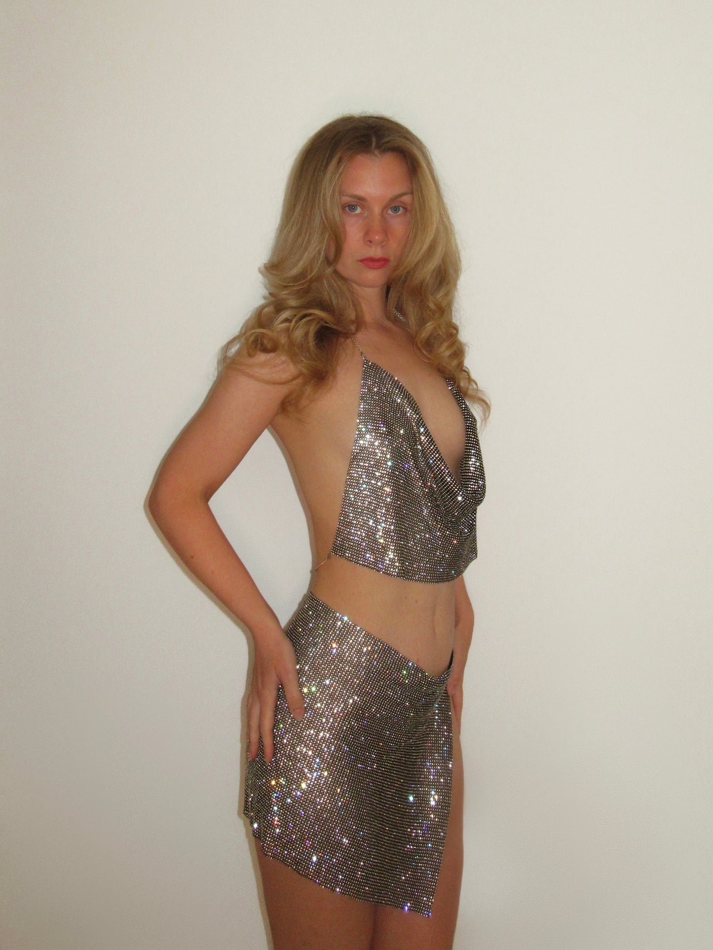 Rhinestone Diamanté Chainmail Top & Mini Skirt Set