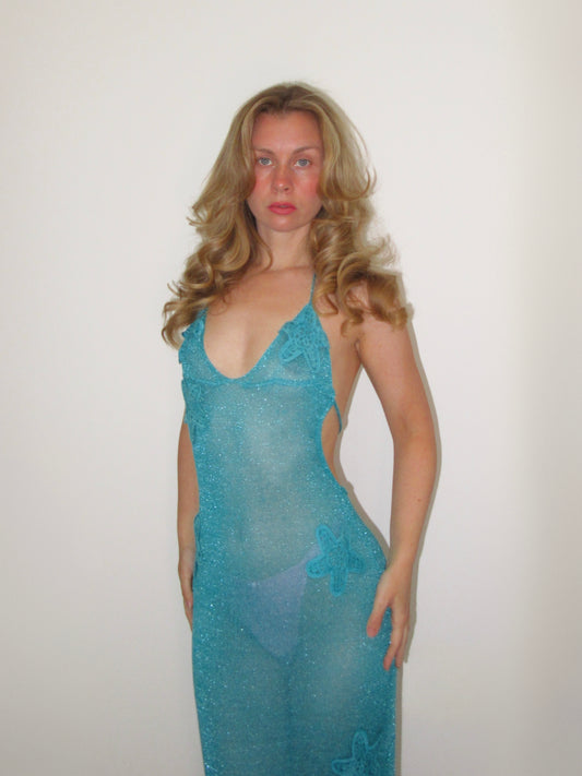 blue glitter starfish maxi dress