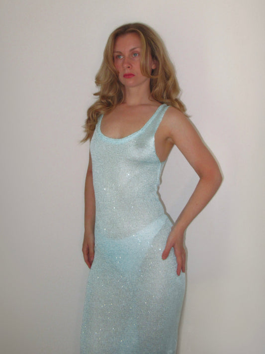 Baby Blue Knitted Glitter Maxi Dress