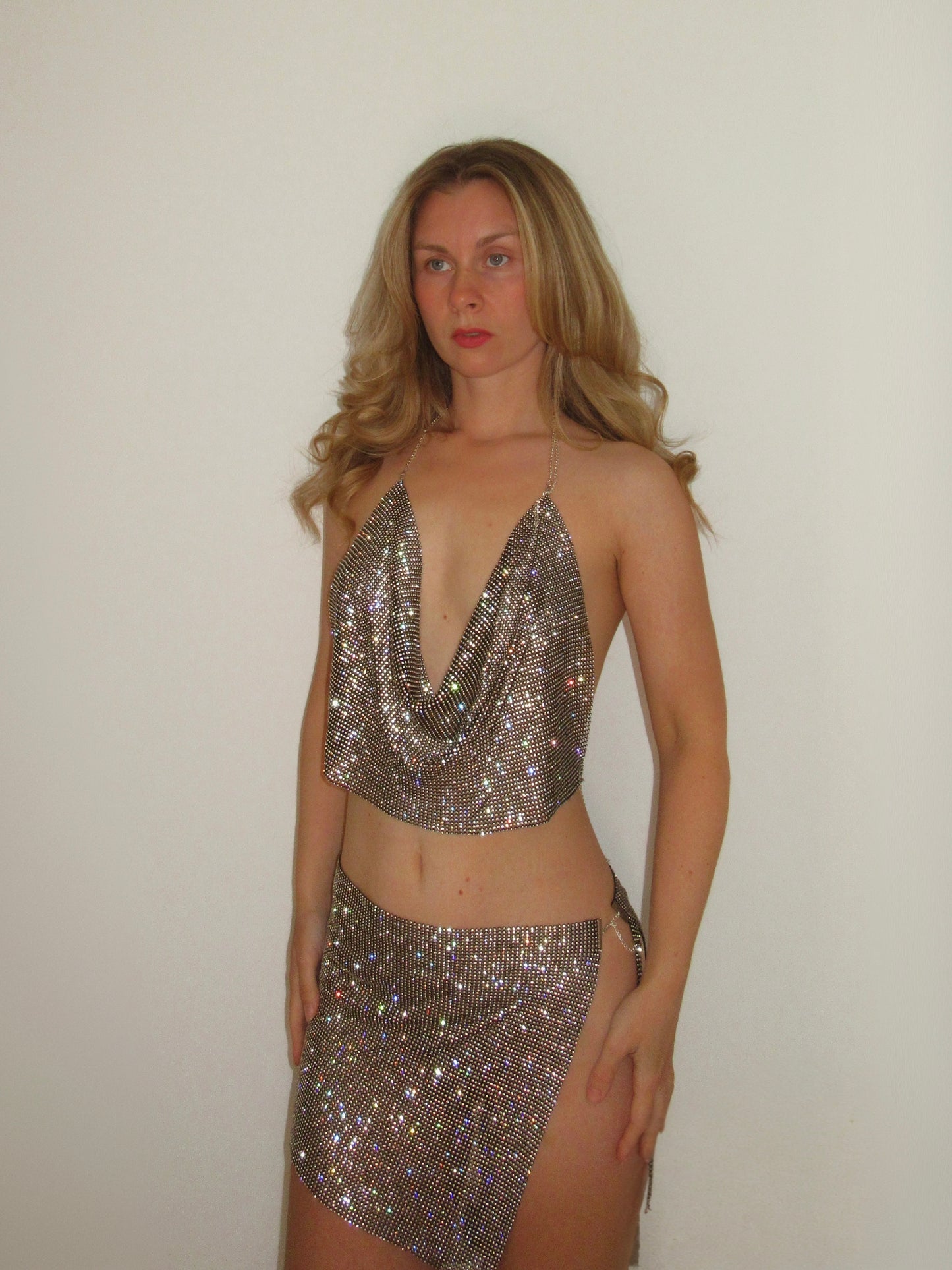 Rhinestone Diamanté Chainmail Top & Mini Skirt Set