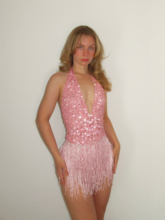 Pink Rhinestone Halter Mini Dress